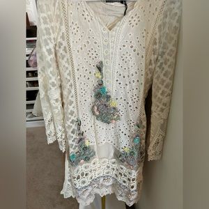 Fancy cream party wear 3 piece Pakistani outfit